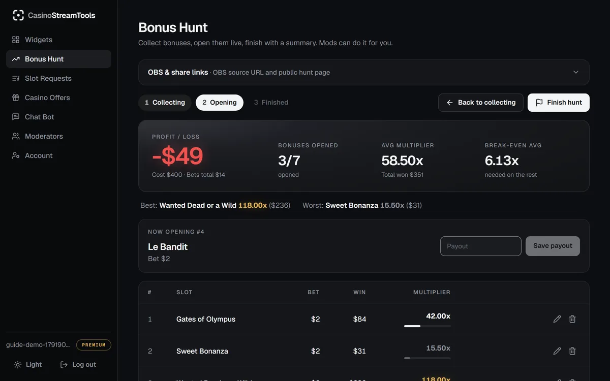 Bonus Hunt tab in the CasinoStreamTools dashboard with phase buttons, bonus list and payout fields