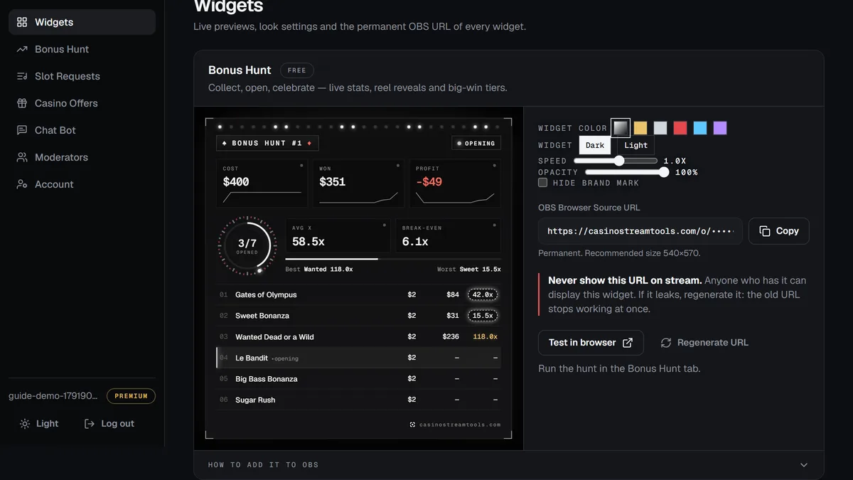 Widget card in the dashboard with live preview, OBS Browser Source URL, copy button and Regenerate URL button