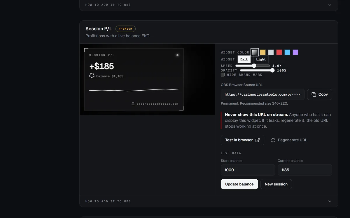 Session P/L card in the dashboard with start balance and current balance fields