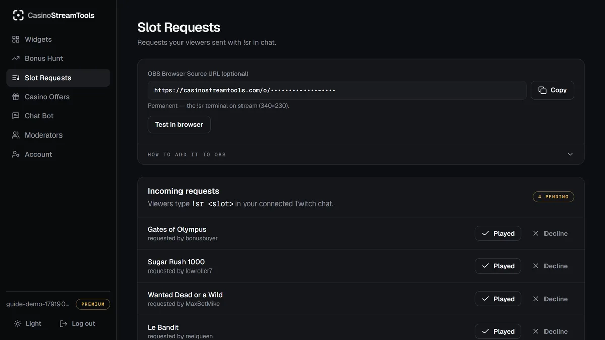Slot Requests tab in the dashboard with a queue of requests and Played and Declined buttons